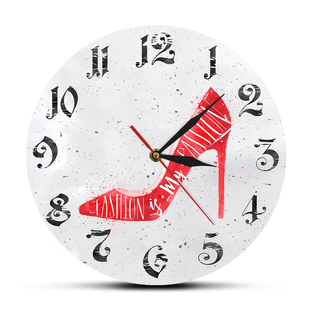 Fashion Is My Passion Fashion Quote Red High Heels Shoes Store Wall Clock Girls Room Decor High-heeled Shoes Designer Timepiece