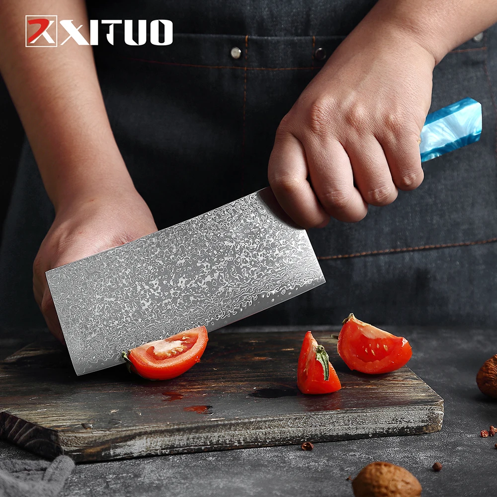 XITUO Kitchen Damascus Knife Set 1-9PC Set Japanese Damascus Steel Chef Knife Santoku Paring Knives Blue resin and wood handle