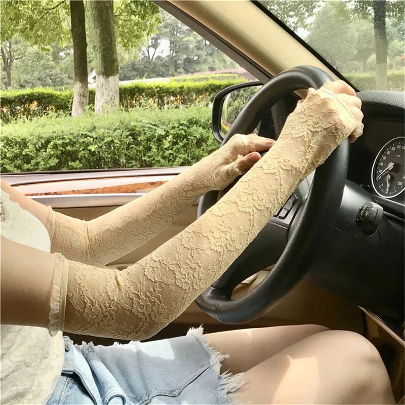 Women Summer Lace Long Delicate Flowers High Elasticity Breathable Drive Cycling Sunscreen Gloves Etiquette Cosplay Mittens