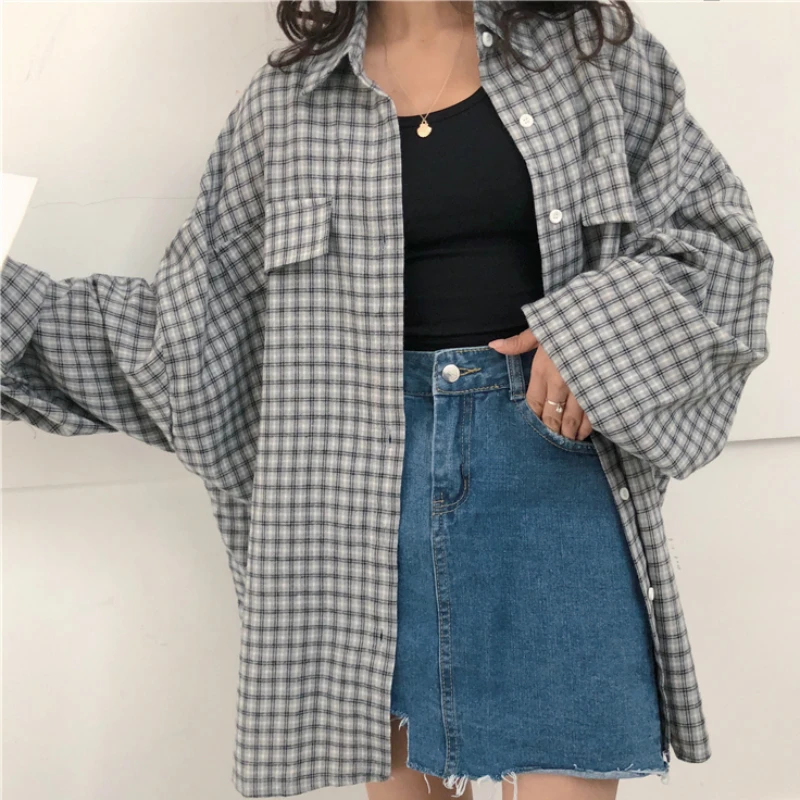 Blouses Shirts Women Long Sleeve Plaid Lantern Loose 3XL All-match Students Korean Style Womens Casual Tops Fashion Vintage Chic