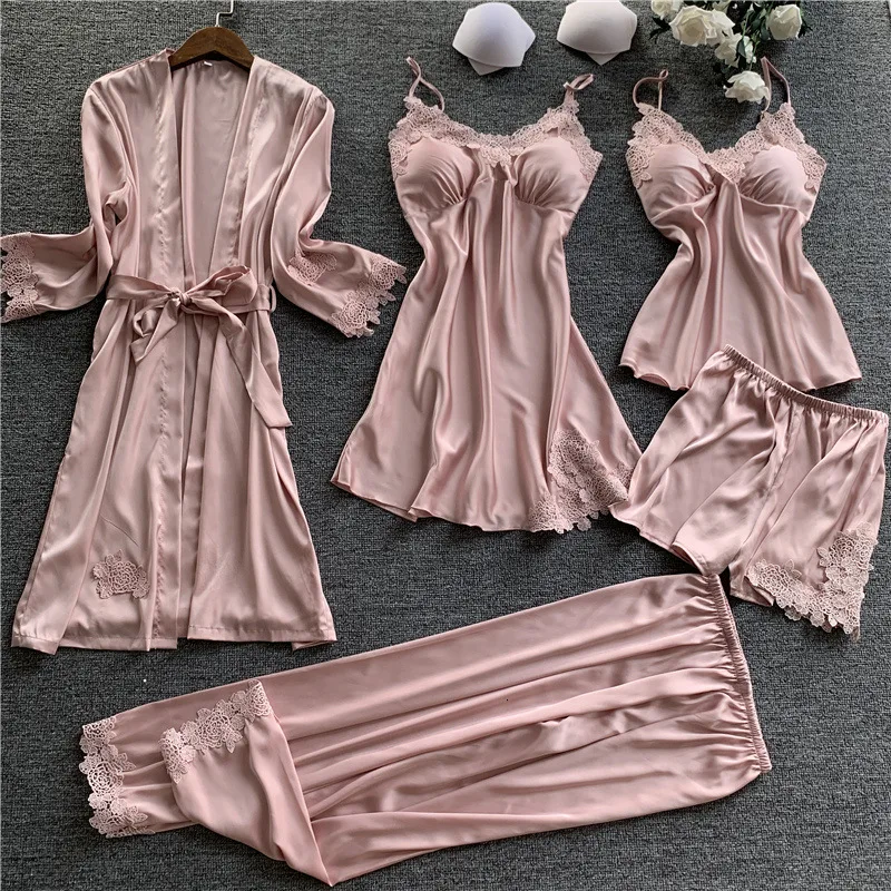 Lisacmvpnel 5 Pcs Set Women Pajamas Lace Sexy With Chest Pad Pajama Set Satin Soft Pyjamas Set