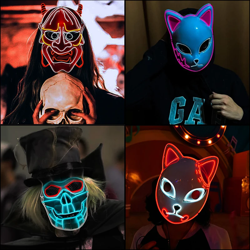 2021 New Halloween LED Party Mask Horror Party Cosplay Mask Decoration Rave Costume Mask Light up LED Mask Glow In The Dark