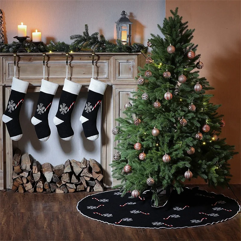 Candy Cane Printed Christmas Tree Skirts Balck Knitted 48 Inch New Year Festival Scene Layout 2022 Round 92cm Acrylic Tree Skirt