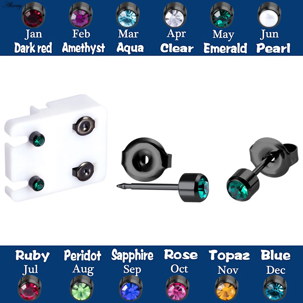 Alisouy 2pcs Stainless Steel Birthstone CZ Zircon Ear Helix Tragus Cartilage Stud Earrings Piercing Professional for Gun Jewelry