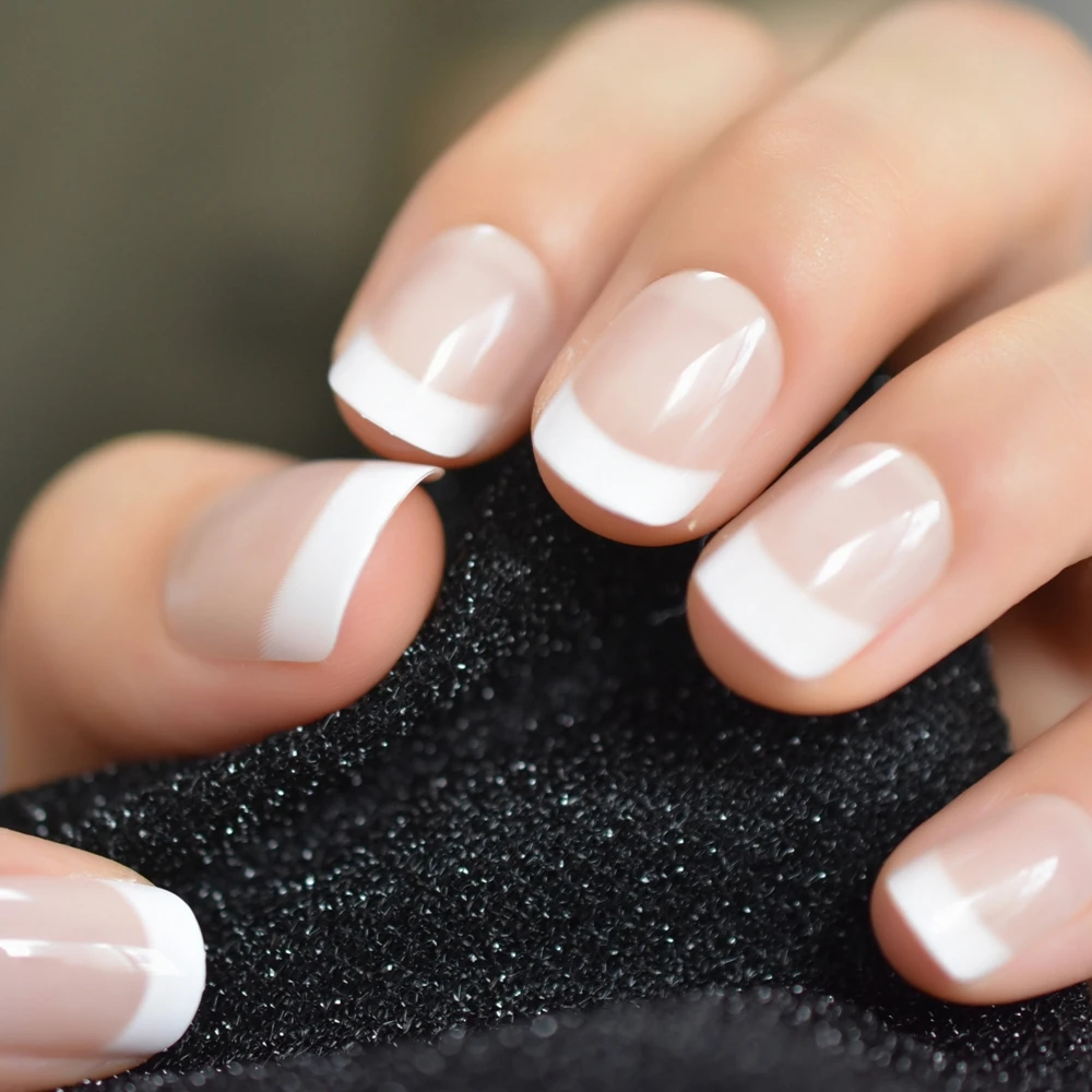 Curto nu natural branco pontas de unhas francesas, unhas postiças, gel de pressão ultra fácil para uso doméstico e de escritório, verão