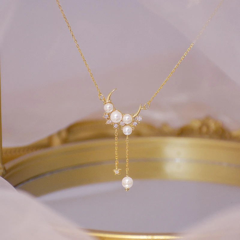 Korean New Arrive 14K Plated Gold Moon Pearl Necklace Micro Inlaid AAA Zircon Tassel Kolye Bohemia Jewelry Pendant Birthday Gift