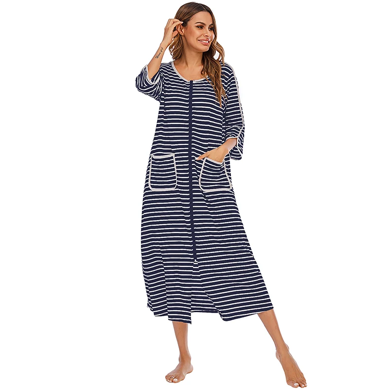 Aamikast Zipper Front Robes Women House Coat Half Sleeve Loungewear Long Nightgown with Pockets S-XXL