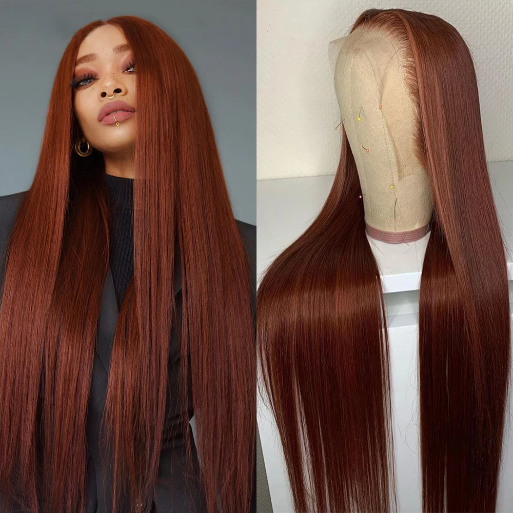 

26 Inch Long Orange Brown Silky Straight Synthetic Lace Front Wigs Heat Resistant Hair For Black Women Baby Hair 180% Density