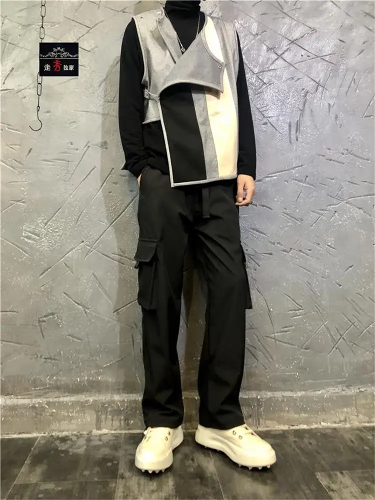 

Men's Casual Pants Spring And Autumn Solid Color Elastic Waist High Street Fashion Wide Leg Pants Pull Rope Straight Cargo Pants