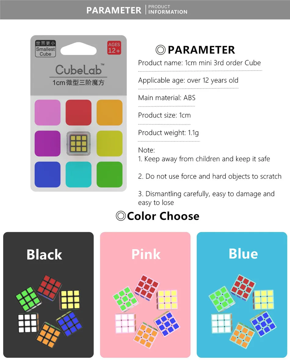 Cubelab 1 cm Mini-Zauberwürfel, winzig, 3 x 3 professionell, 1 cm Geschwindigkeitswürfel, Zauberwürfel, Puzzle, Blau, Rosa, Schwarz, Spielzeug für Kinder, Kinder, Geschenk – Detail 4