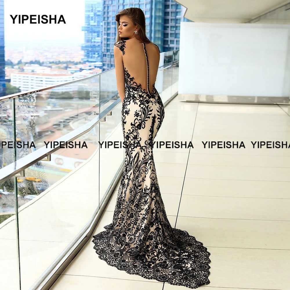 Yipeisha-vestido de fiesta de sirena con escote pronunciado, manga corta, encaje negro, largo hasta el suelo, Espalda descubierta, Formal