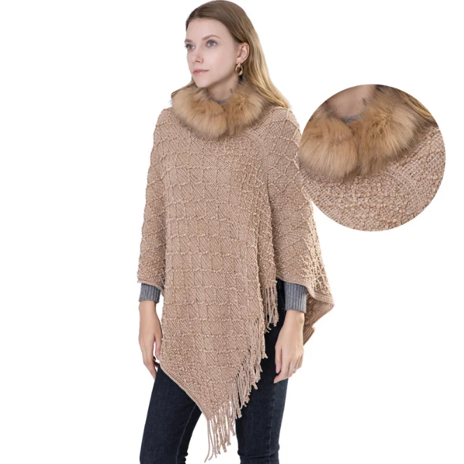 Large Knitted Shawl Women's Autumn  Winter New Chenille Cloak Fur Warm Tassel Pullover Cloak Hairy Collar Outdoors Pink