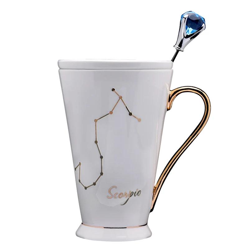 Zodiac Ceramic Mug with Crystal Spoon 12 Constellations Mug Drawing Gold Decal Bone China Porcelain Coffee Mugs Creative Fashion