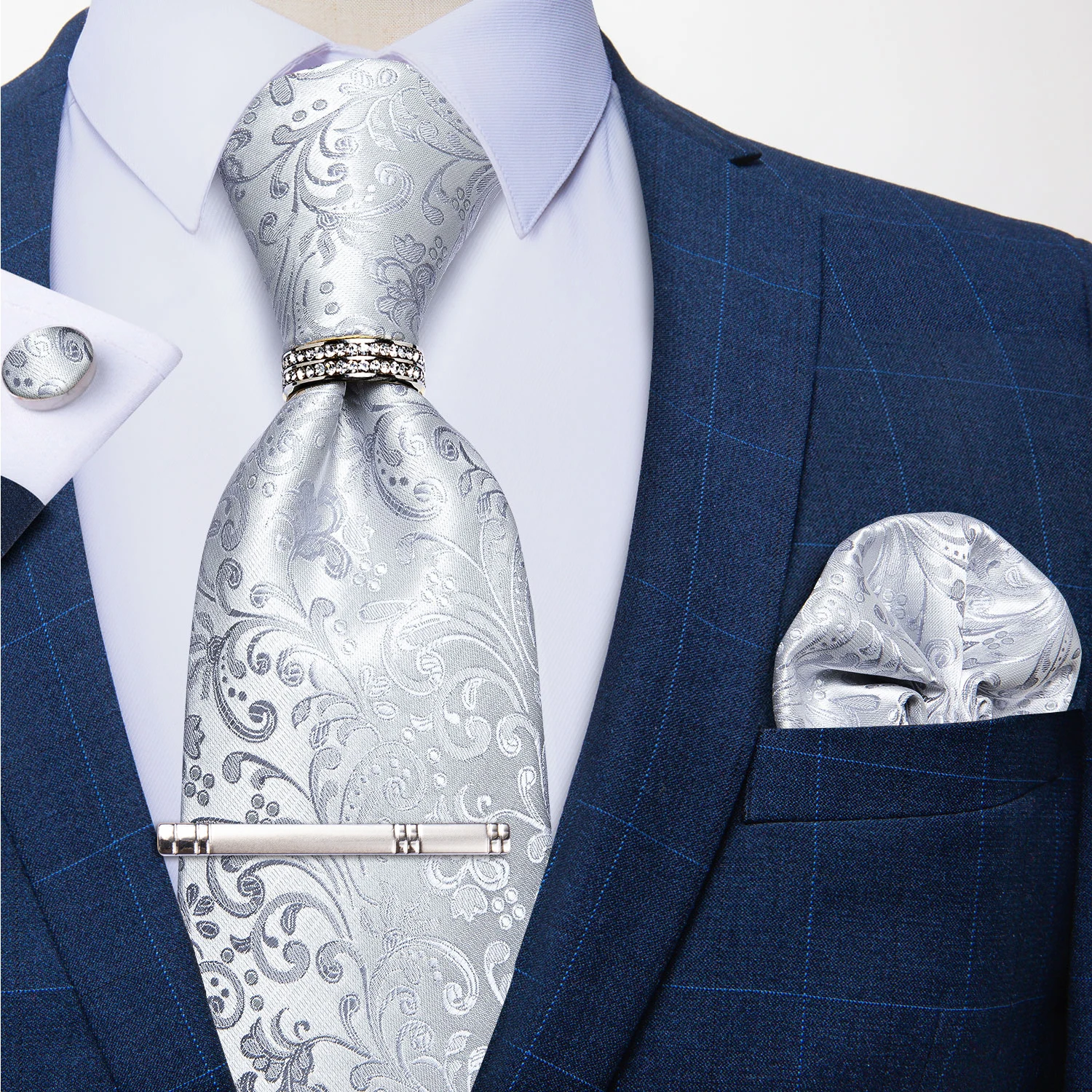 New Fashion Men's Ties Silver Floral 8cm Silk Neck Tie Business Wedding Party Gravata Ting Ring Clip Cravat Gift For Men DiBanGu
