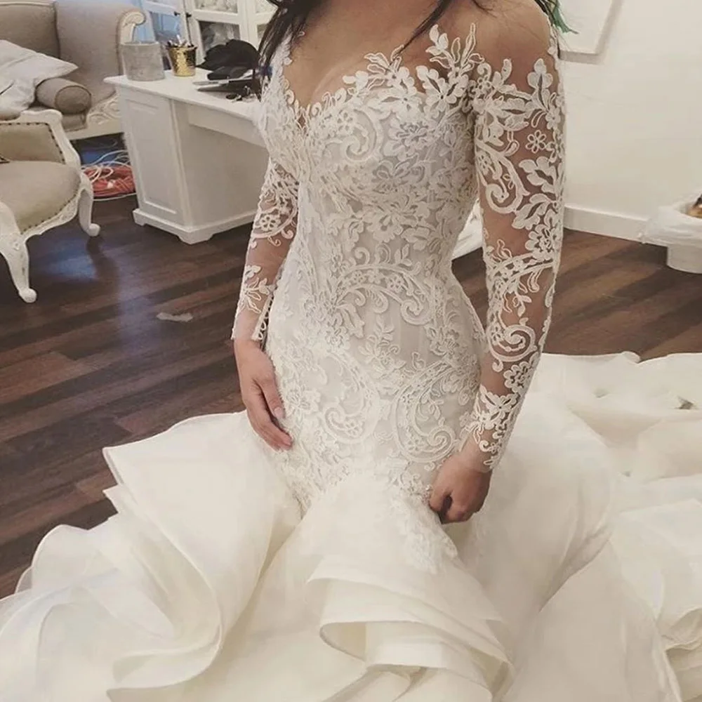 مقاس كبير فساتين زفاف حورية البحر الأفريقية خمر دانتيل كم طويل مسلم Vestido De Noiva شيك زينة الكشكشة سويب تراين