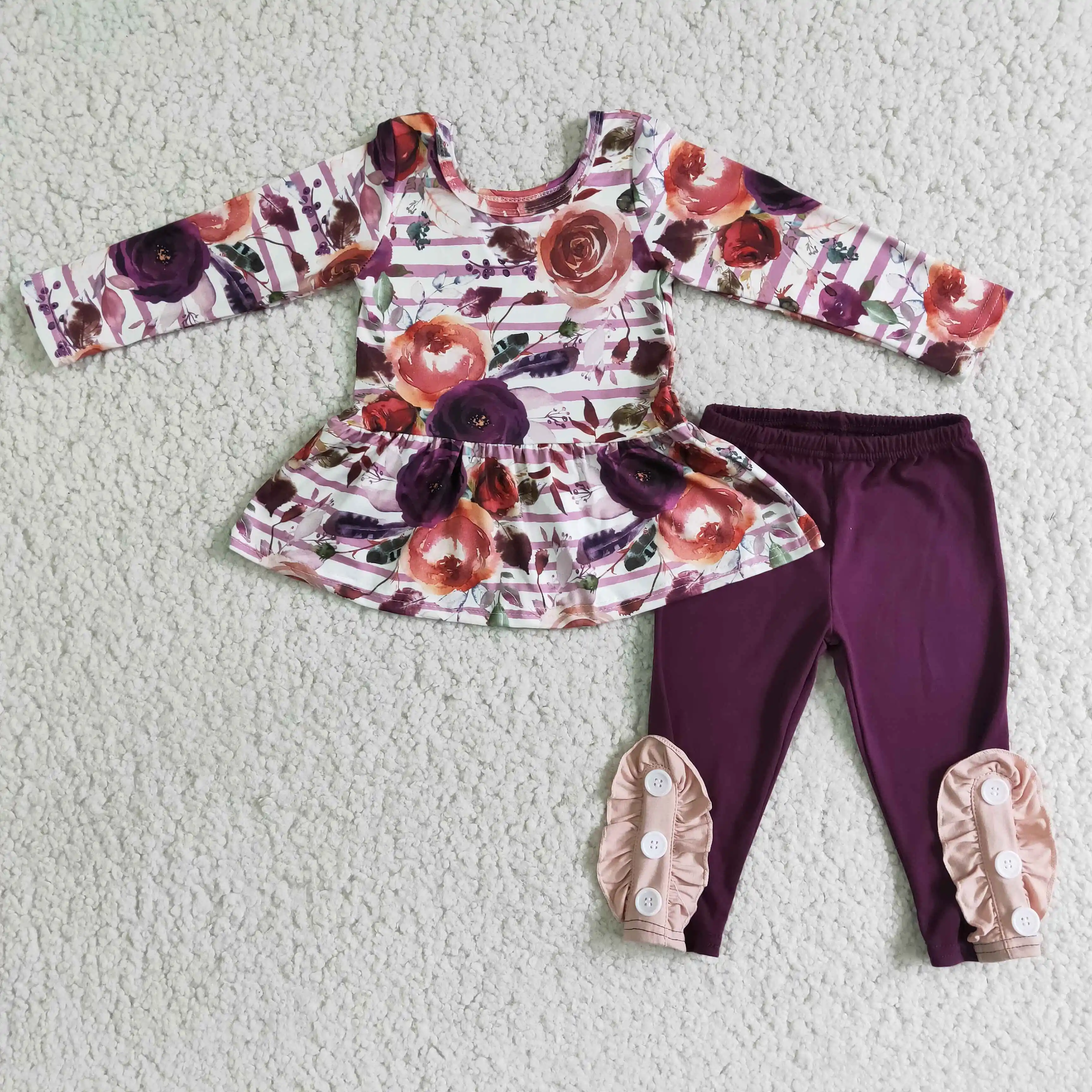 

Boutique design girl flower print design long sleeve cover butt blouse purple leggings pink frilled button kids clothing 2pcs