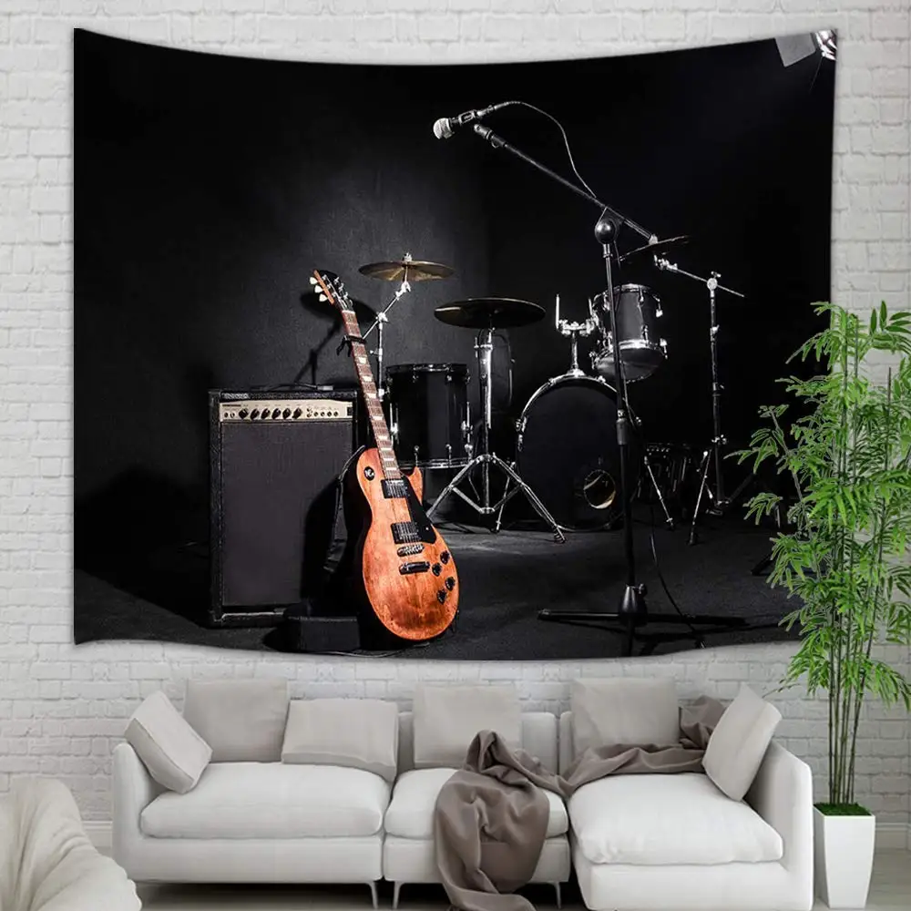 Teen Girl Boy Music Tapestry Wall Hanging Musical Instruments Guitar with Drum in Black Art