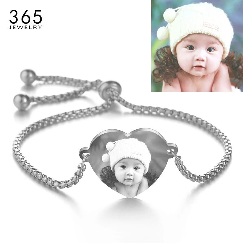 Personalized Stainless Steel Engrave Photo Name Bracelet Women Child Customized Adjustable Heart ID Tag Bracelets Birthday Gift