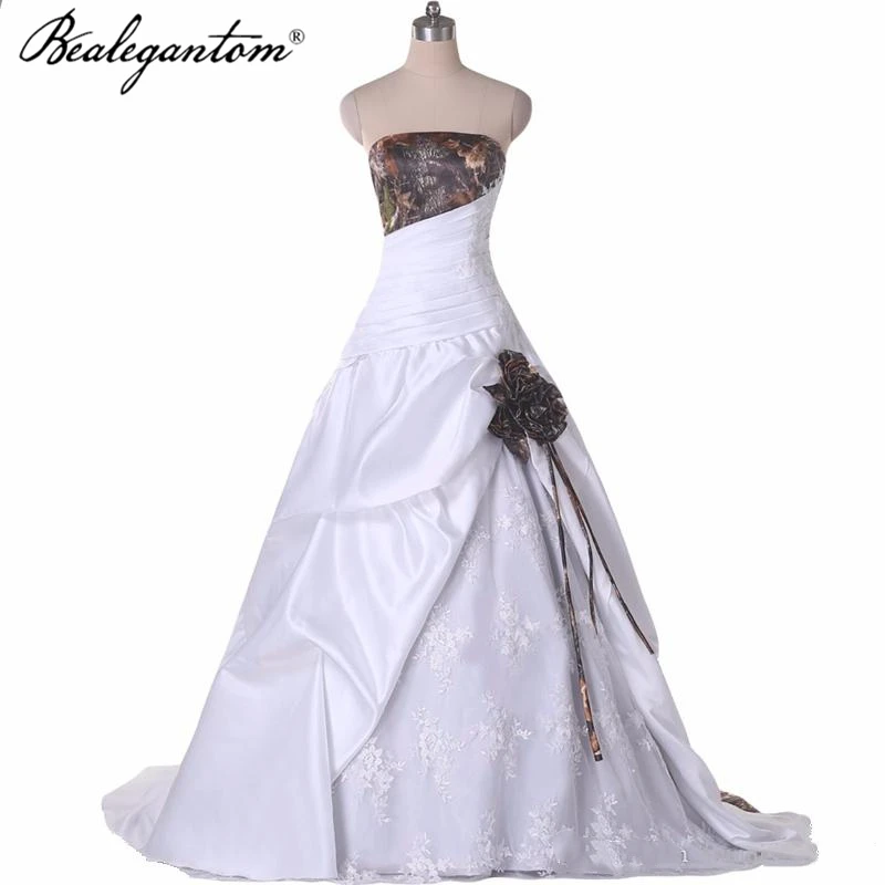 2023 White Lace Camo Wedding Dresses Long Strapless Back Real Photo Ruched New Country Bridal Gowns WD44