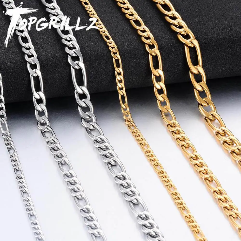 TOPGRILLZ New Stainless Steel Figaro Chain Gold Color Hip Hop Fashion Men and Women Stainless Steel Jewelry For Gift