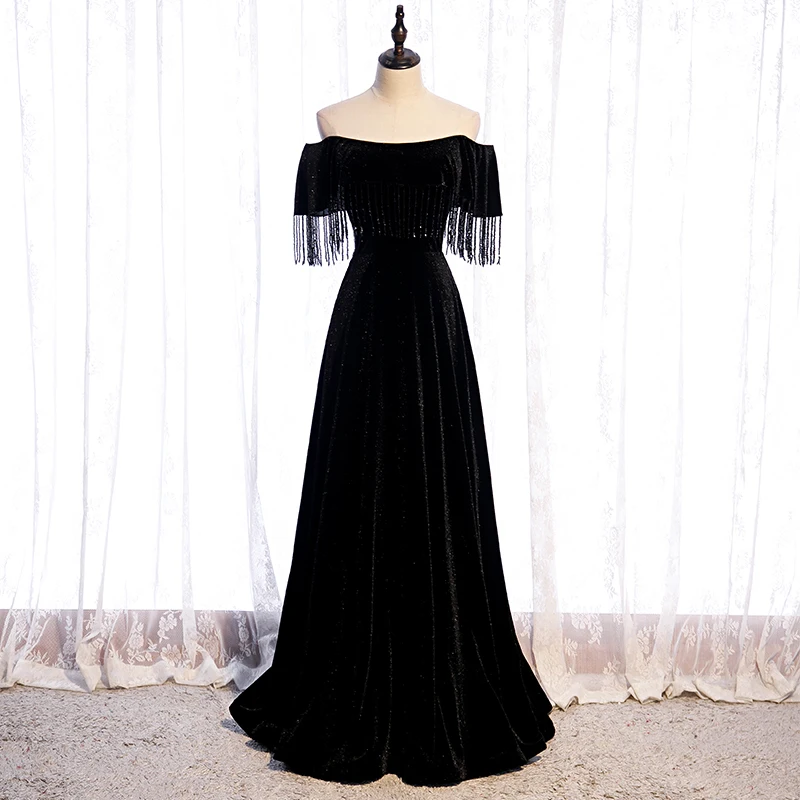 

Black Elegant Evening Dress Boat Neck Simple Beading Short Sleeves A-Line Pleat Floor-Length Party Formal Dresses Woman B1393