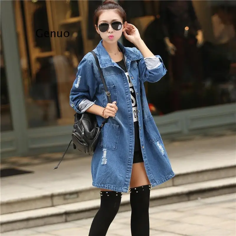 Autumn Hole Denim Jackets  S-5XL Slim Jeans Outwear Tops Long-sleeved Cardigan Cowboy Medium Length Coat Female