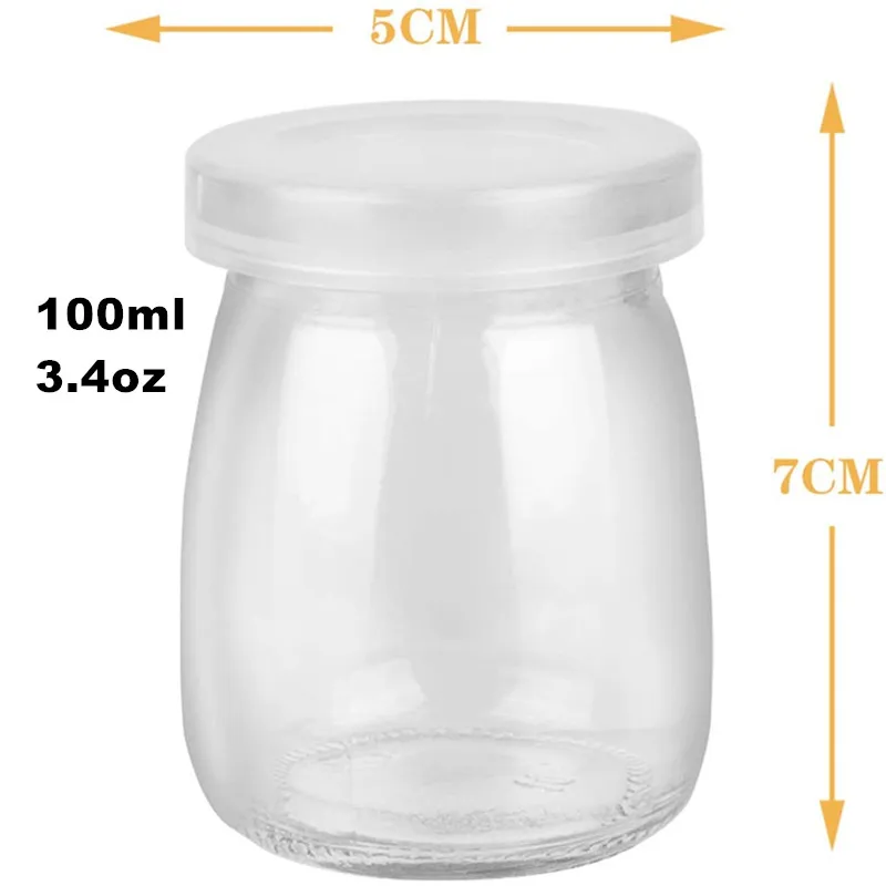 Mini Yogurt Jars, Glass Pudding Cups, Lids Containers, Pot with PE Ideal for Milk Jellies Honey Spices Mousse, 8 PCs, 100ml 3.4o