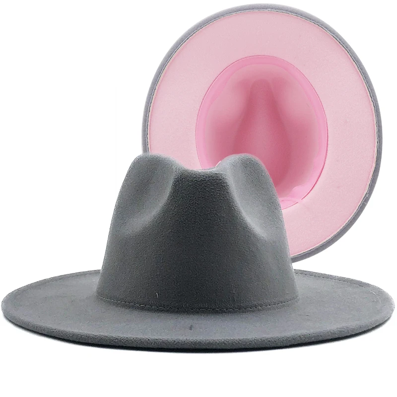 

Simple Outer gray Inner pink Wool Felt Jazz Fedora Hats with Thin Belt Buckle Men Women Wide Brim Panama Trilby Cap 56-58-60CM