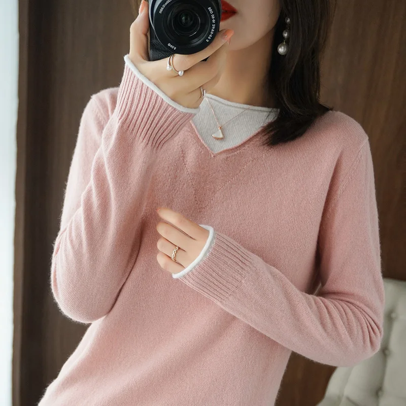 2020Autumn winter clothes Women New Cashmere Woman Knitted Sweater Fashion Round neck Women Loose Sweater Pullover Fake two coat