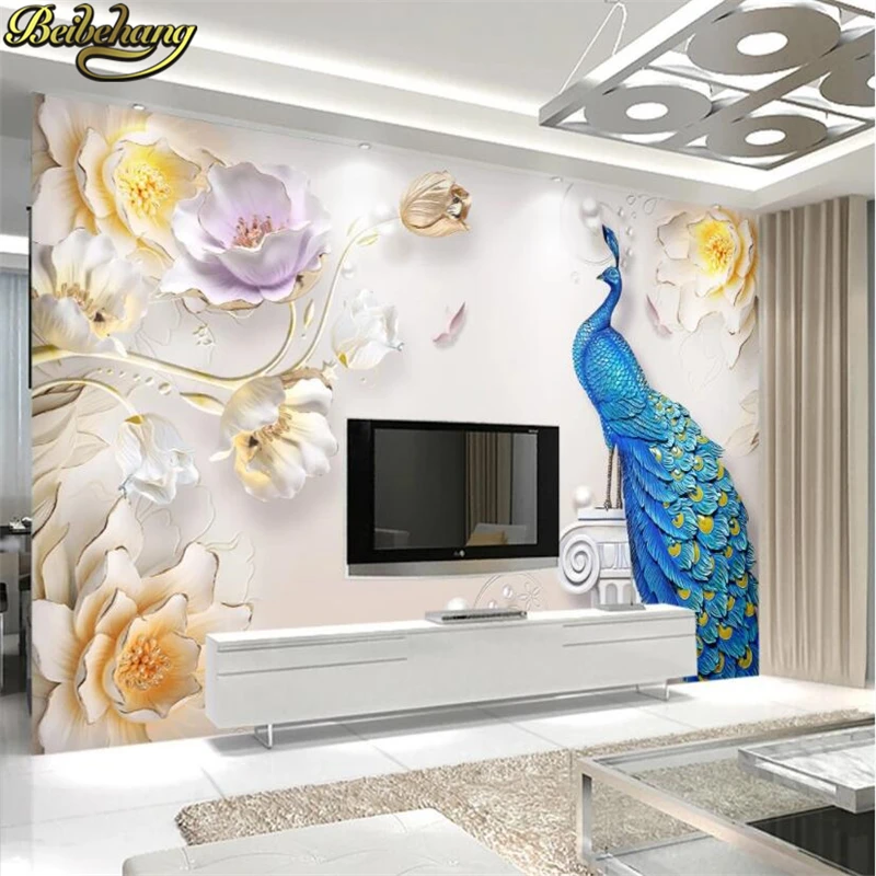 Custom embossed peacock wallpaper 3D stereo TV sofa background mural bird wall painting wall papers home decor papel de parede