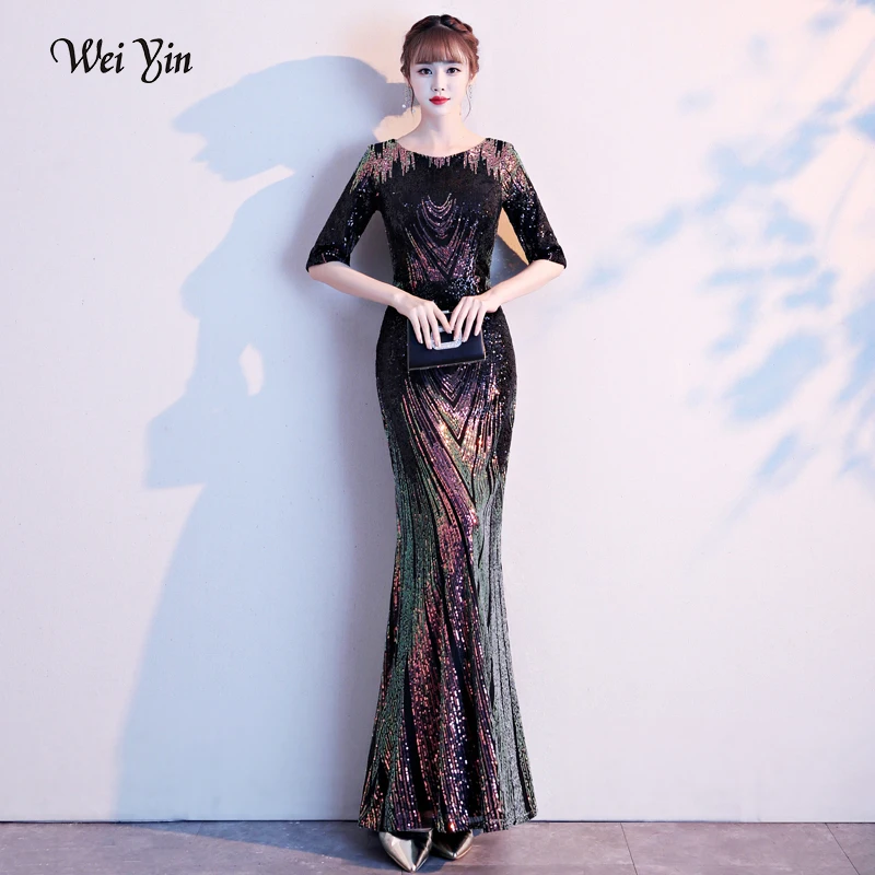 

wei yin AE0270 Formal Evening Dresses 2023 New Stryle Mermaid O Neck Half Sleeve Sequined Long Party Gowns Robe Soiree