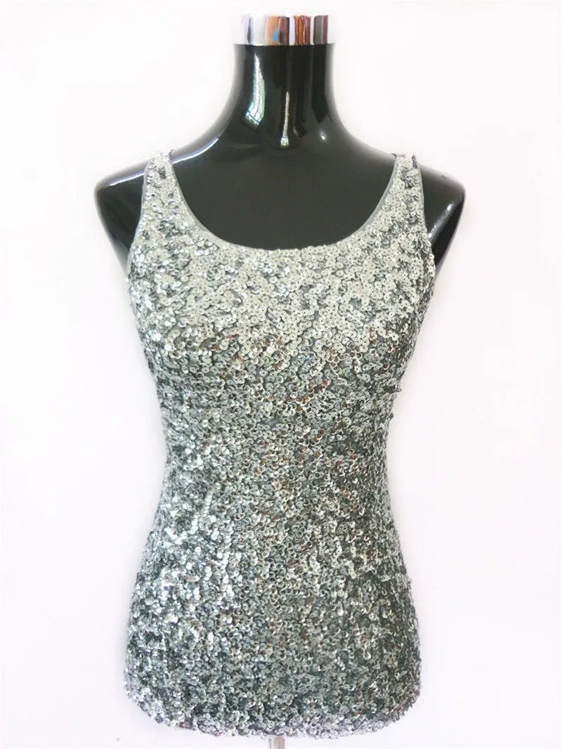 Womens Shine Glitter Sequin Embellished Sleeveless Vest Tank Tops Fashion Style Clothing For Cocktail Party Clubwear