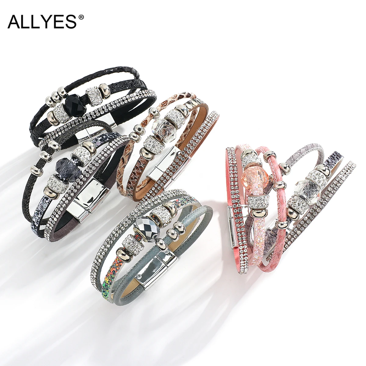 ALLYES Shiny Crystal Beads Charm Multilayers Leather Bracelets for Women Men Rhinestone Wrap Bracelet Statement Jewelry Gifts