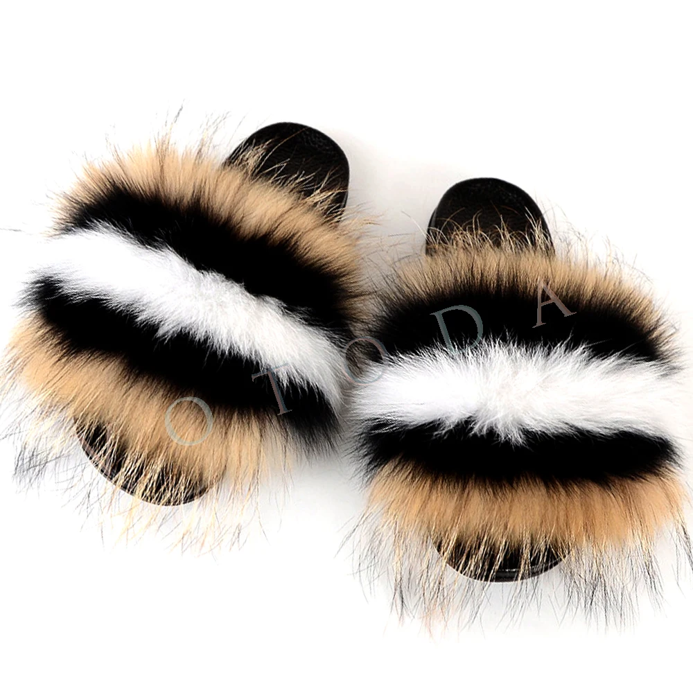 Summer Women Fur Slippers Woman Fluffy Raccoon Fox Fur Slides Female Furry Outside Flat Flip Flop Ladies Rainbow Slip On Sandals