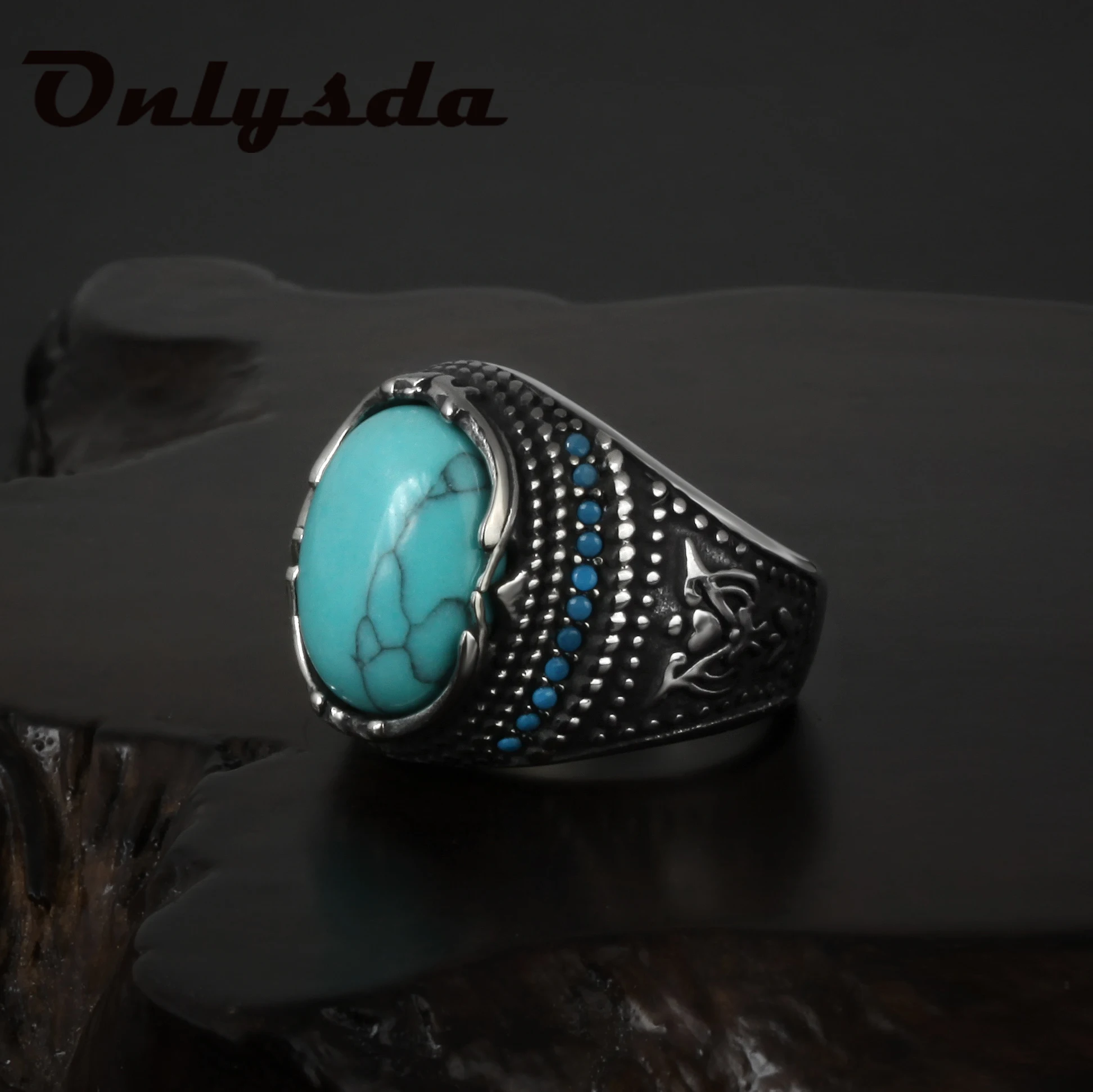 Onlysda Fashion Flower Band Oval Natural Man Ring With Stone For Women Vintage Look Antique Silver Color Men Jewelry Party Gifts