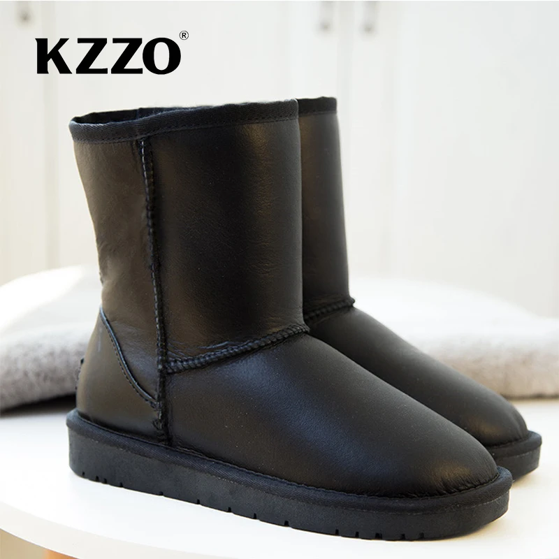 KZZO Natural Wool Fur Lined Waterproof Leather Flat Snow Boots Women Australia Classic Genuine Cowhide Leather Winter Warm Shoes