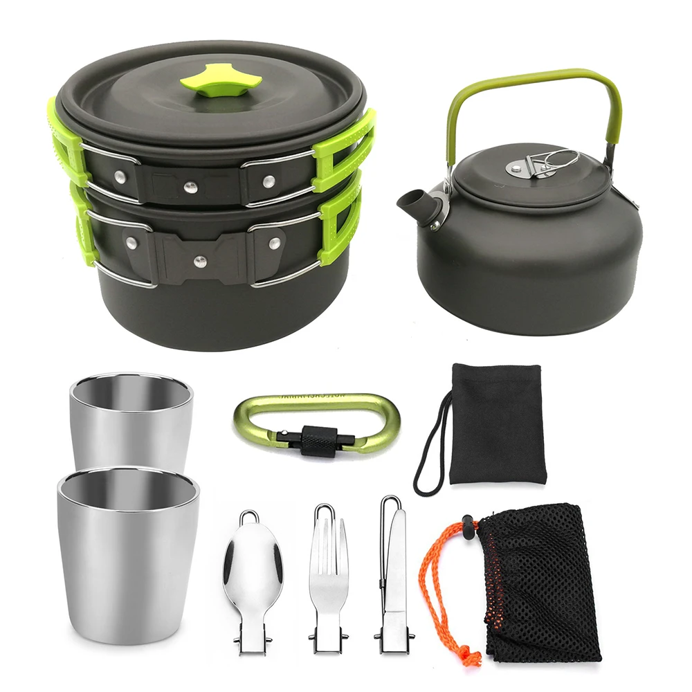 

1set Utensils Camping Cookware Teapot Set Tableware for Camping Portable Aluminum Alloy Outdoor Picnic Kettle Pot Frying Pan