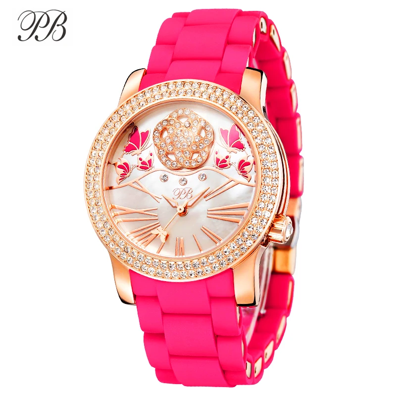 Princess Butterfly Watches for Women Fashion Quartz Rotation Crystal Flower Mother of Pearl Wristwatches Silicone Luxury Brands