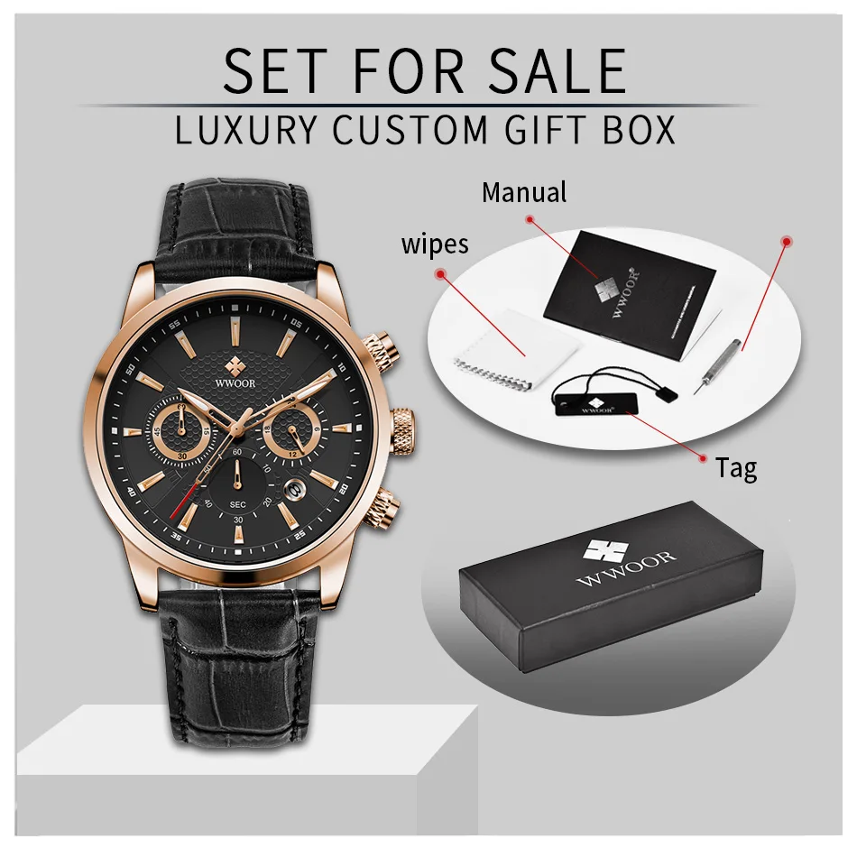 2024 New WWOOR Watch Mens Sports Chronograph Quartz Wristwatches Luxury Leather Waterproof Date Clock with Box Relogio Masculino