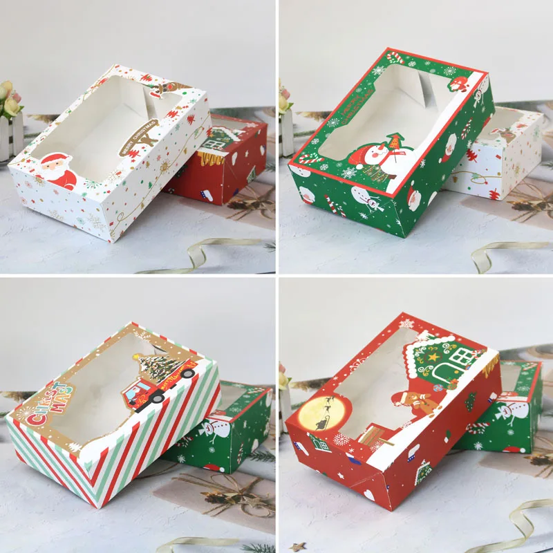 4PCS Christmas Party Paper Packaging Boxes Pvc Window Biscuit Box Cake Candy Chocolate Boxes