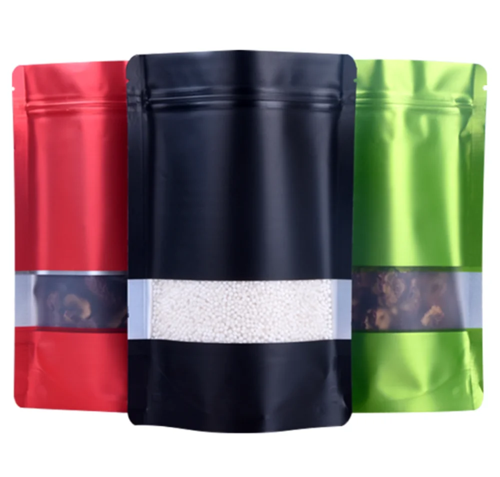 Zipper Bag 100pcs Colored Re-closable Stand Up Aluminum Foil Zip Lock Bags with Window Matt Finish Kitchen Food Packing Storage