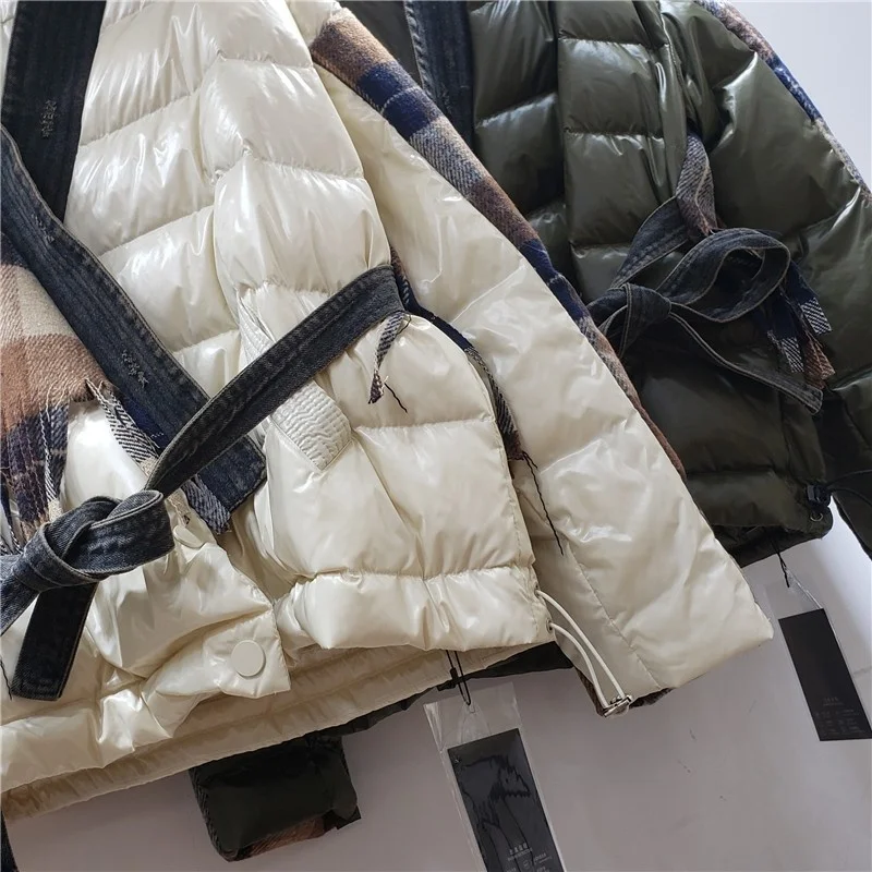 Green Army Denim Collar Down Jacket Female Patchwork Plaid Wool Tassel Sashes Pockets 2022 New Winter Thickening Outerwear