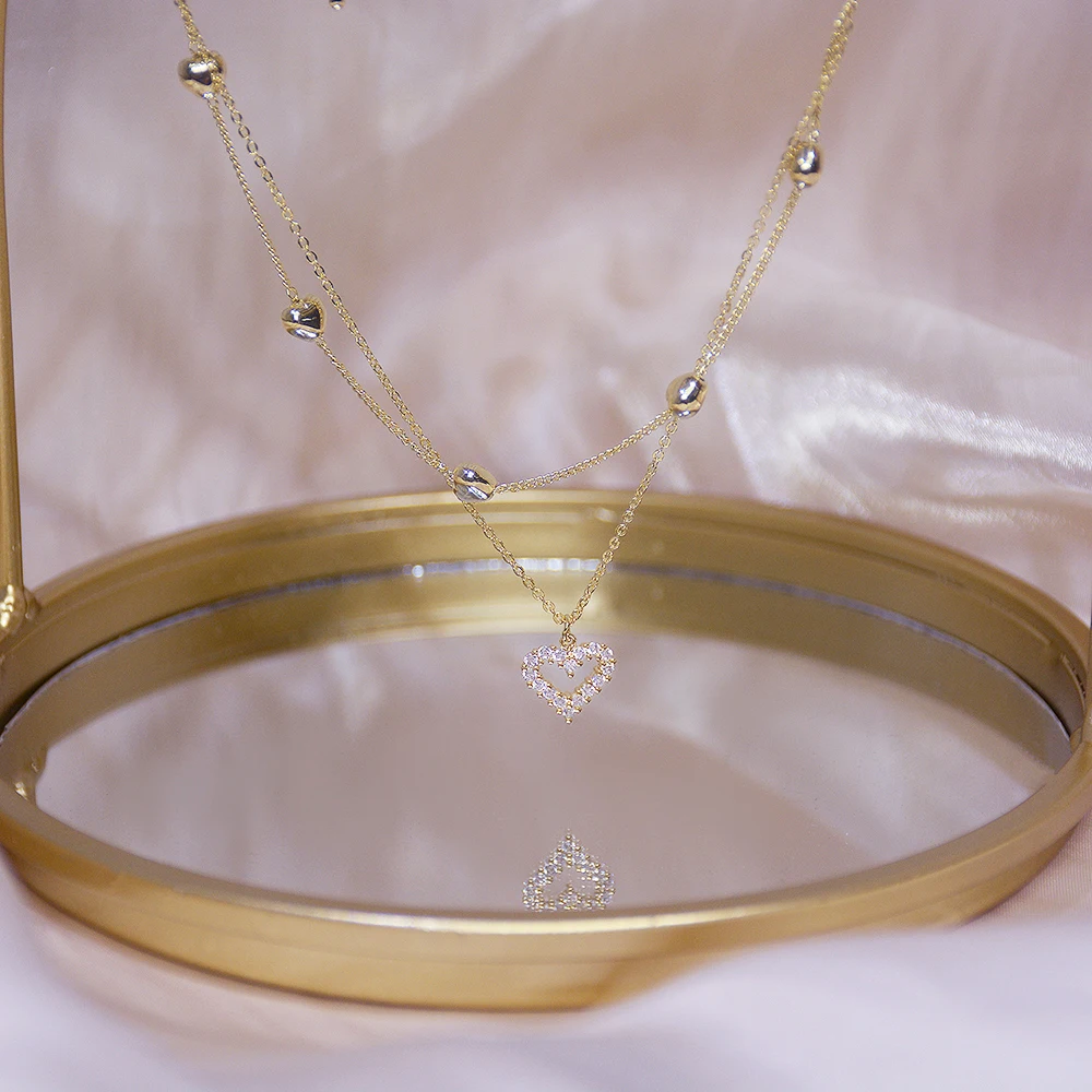 14k Real Gold Double layer Heart Necklace Shining Bling AAA Zircon Women Clavicle Chain Elegant Charm Wedding Pendant Jewelry