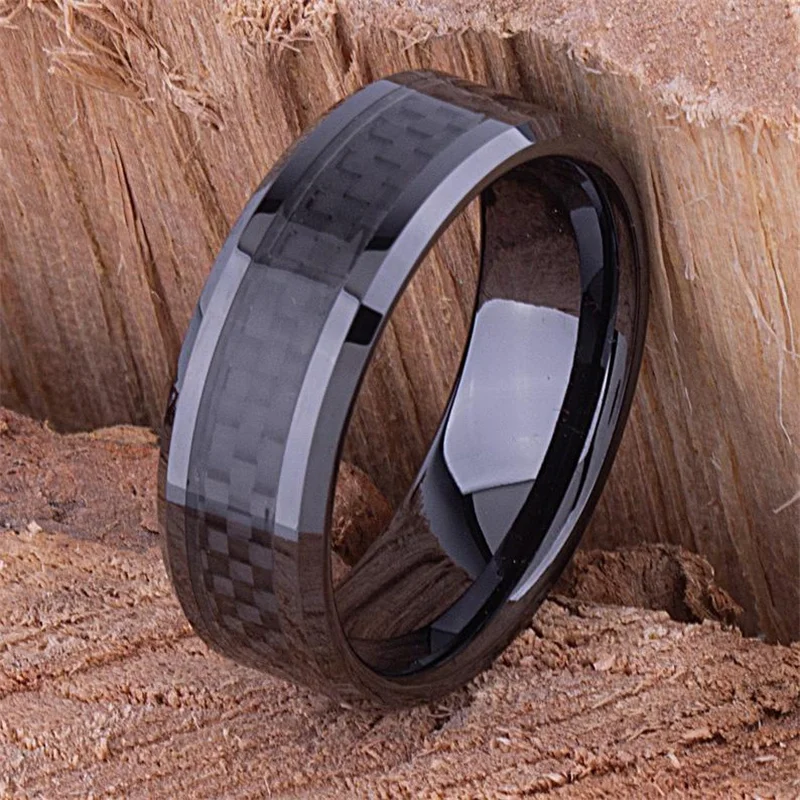 

8mm Fashion Men Rings Black Simple Band Carbon Fiber Inlay Wedding Engagement Vintage Ring Jewelry Anniversary