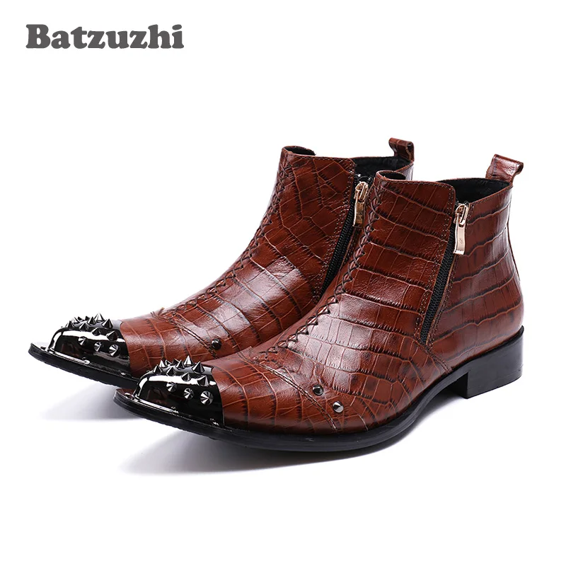 

Batzuzhi Italian Style Fashion Mens Boots Pointed Toe Genuine Leather Ankle Boots Man Handmade Luxury Brown Botas Hombre