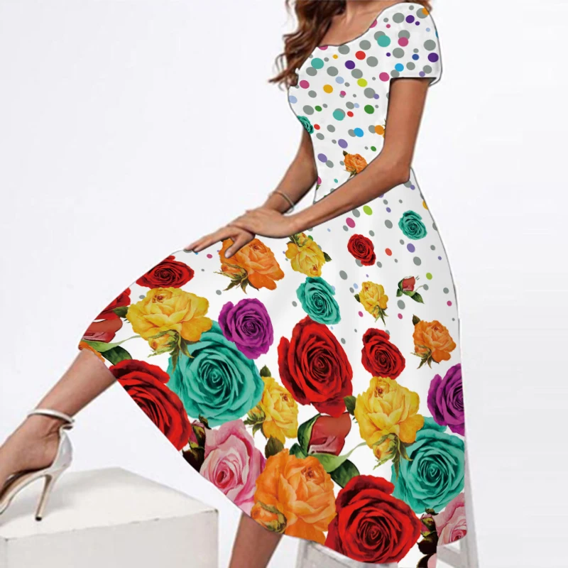 

3D Rose Flowers Print Dresses Women Elegant Slim Square Collar Short Sleeves Dress Beach Big Vestidos Spring Summer Long Dresses