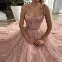 Verngo Glitter Gold Stars Dusty Pink Tulle Prom Dresses Spaghetti Straps With Ties Bow Pockets Ruched Long Evening Party Gowns