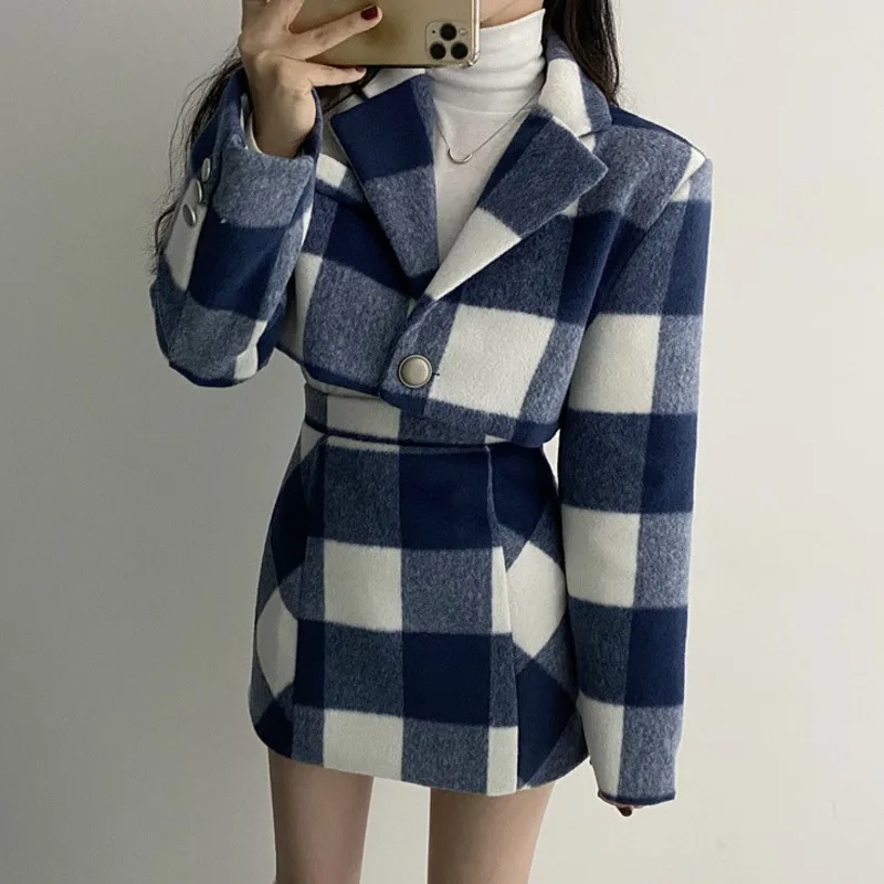 Single Button Blue White Plaid Woolen Sets Fashion Autumn Notched Long Sleeve Crop Coat High Waist Plaid Skirt Two-piece Suit