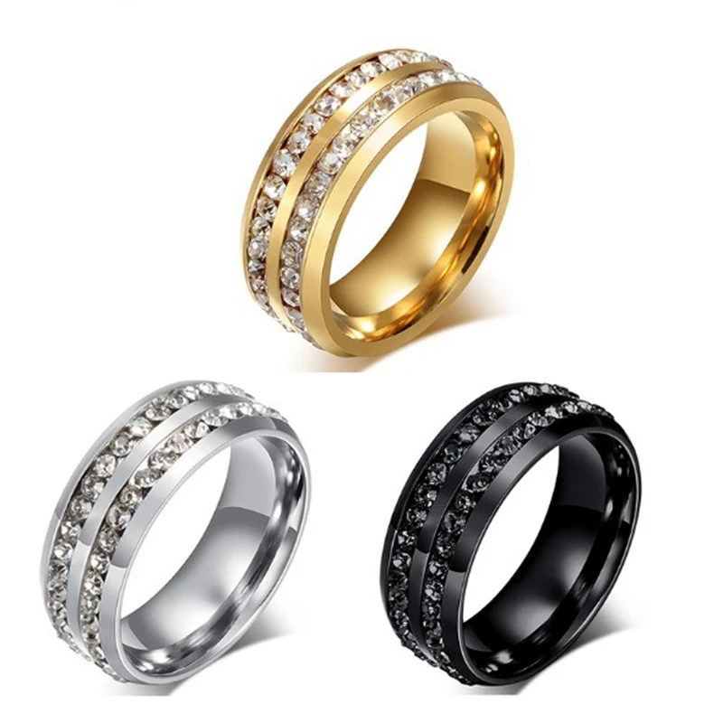 High Quality Male Punk Vintage Black Stainless Steel Jewelry Two Rows CZ Stone Wedding Ring for Man Woman