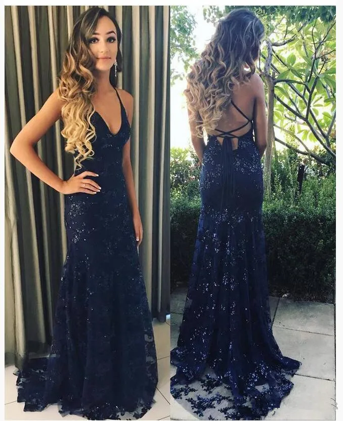 Vestido largo de encaje con lentejuelas y tirantes finos para mujer, traje de sirena de alta calidad, Espalda descubierta, entrecruzado, largo hasta el suelo, para fiesta Formal Ev, novedad de 2020